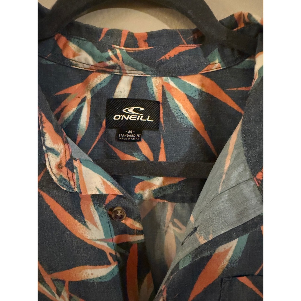ONeill Men's Short Sleeve Button Up Shirt Tropical Leaf Print Blue Orange Size M - Picture 3 of 4